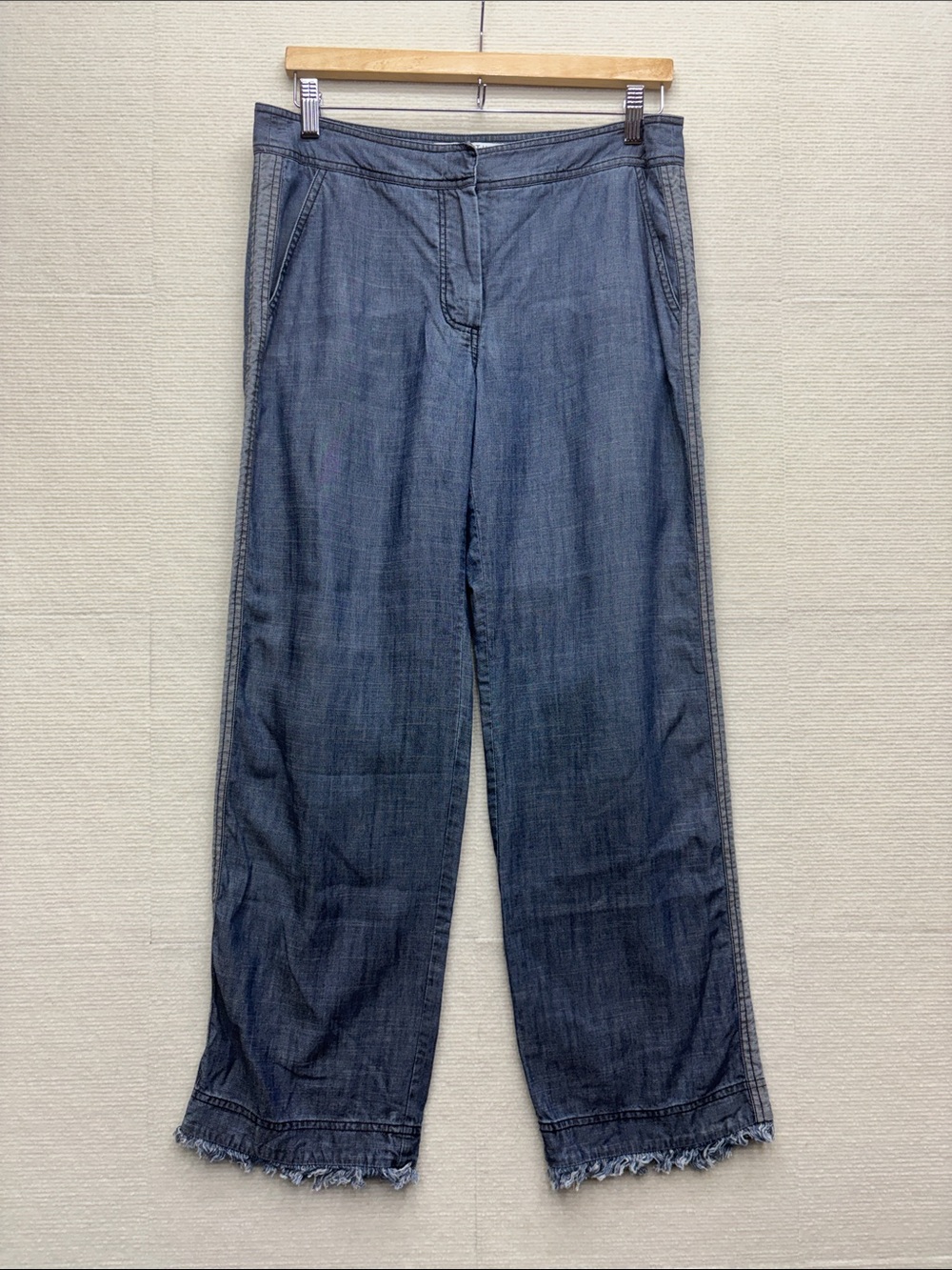 Trina Turk Wide Leg Raw Hem Denim Pants - blue linen tencel blend